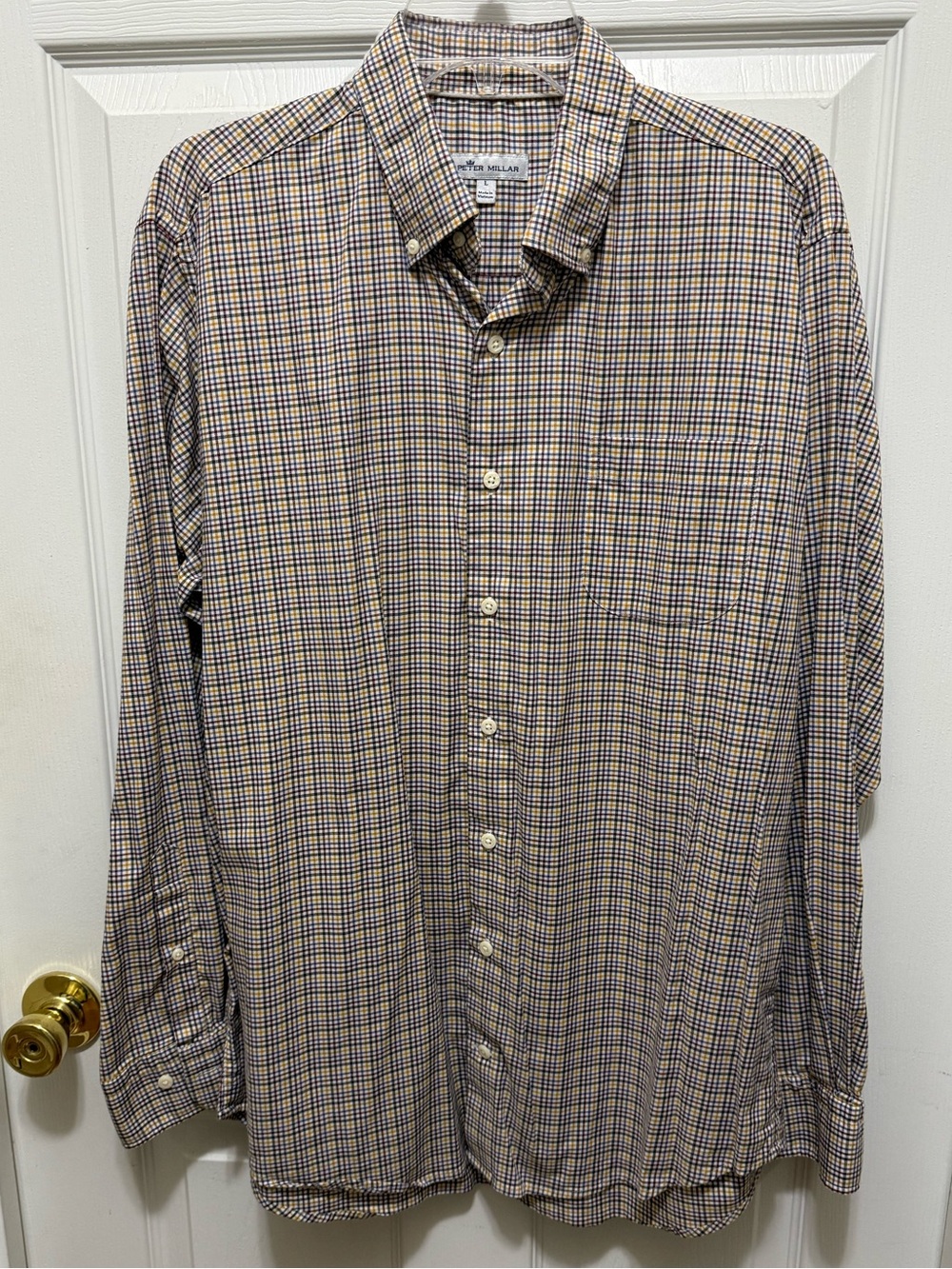 Peter Millar L Plaid Long Sleeve Shirt Crown Lite Cotton Nylon Stretch